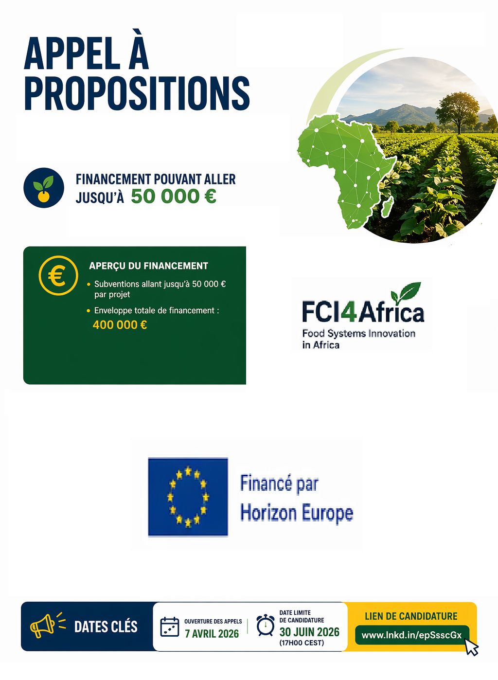 Logo Appel à propositions ouvert hashtag#FCI4Africa 2026 | hashtag#Financement pouvant aller jusqu’à 50 000 € pour l’innovation des hashtag#systèmes hashtag#alimentaires en hashtag#Afrique