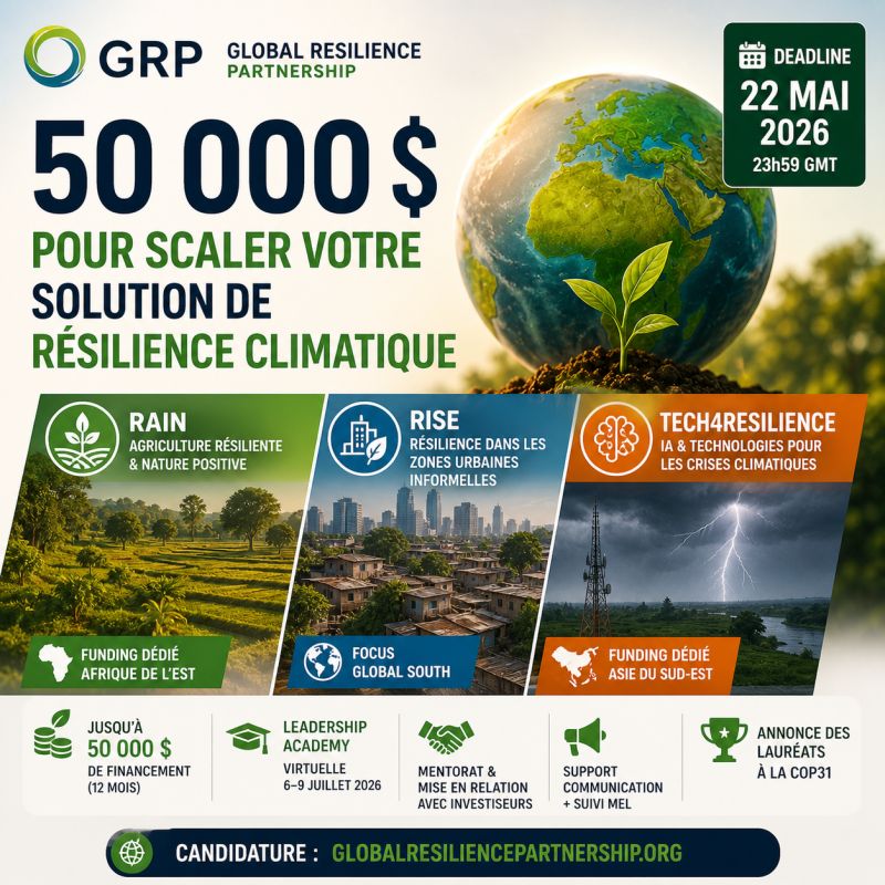 Logo 50 000 $ pour scaler votre solution de résilience climatique. Deadline : 22 mai 2026.